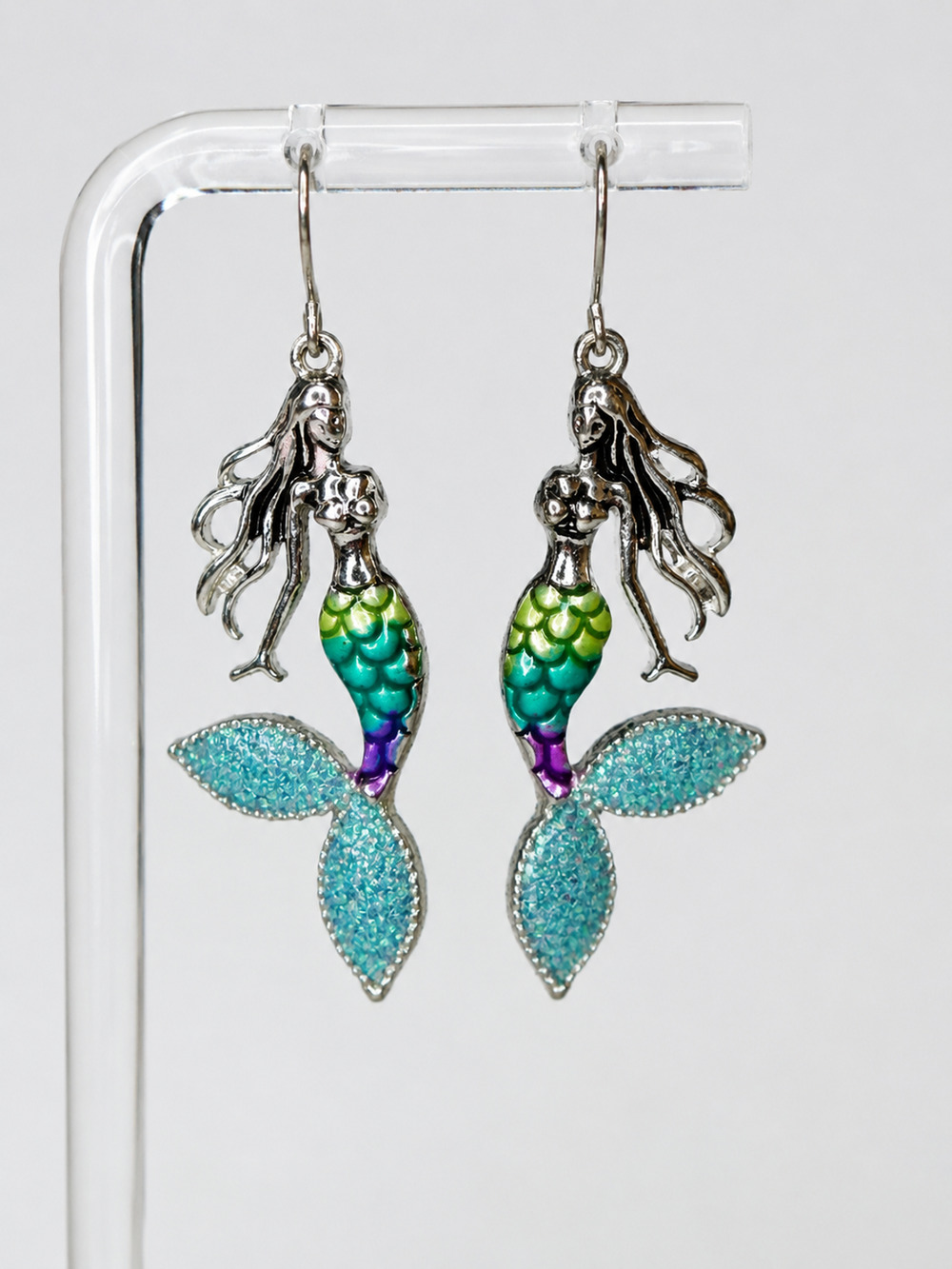 Mermaid Dangle Earrings Silver Tone Colorful Enamel Glitter Tail Fins Ocean Sea